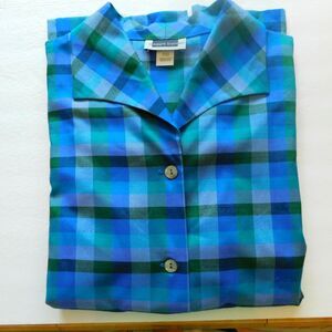 Maggie Barnes Tunic Top Plaid 3/4 Sleeve Blues & Greens Women's 26W EUC